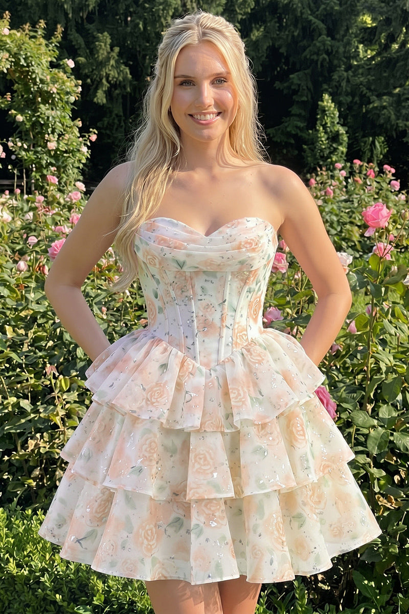 Laden Sie das Bild in den Galerie-Viewer, Sweetheart gestuftes A-Linien-Rosa Blumenkorsett Kurzes Homecoming-Kleid