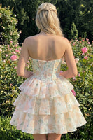 Laden Sie das Bild in den Galerie-Viewer, Sweetheart gestuftes A-Linien-Rosa Blumenkorsett Kurzes Homecoming-Kleid