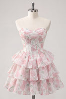 Laden Sie das Bild in den Galerie-Viewer, Sweetheart gestuftes A-Linien-Rosa Blumenkorsett Kurzes Homecoming-Kleid