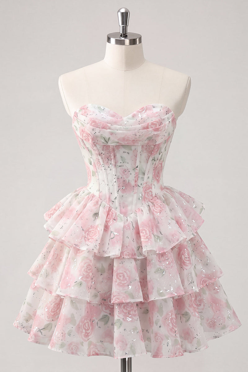 Laden Sie das Bild in den Galerie-Viewer, Sweetheart gestuftes A-Linien-Rosa Blumenkorsett Kurzes Homecoming-Kleid