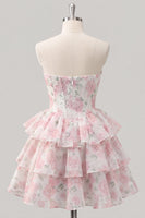Laden Sie das Bild in den Galerie-Viewer, Sweetheart gestuftes A-Linien-Rosa Blumenkorsett Kurzes Homecoming-Kleid
