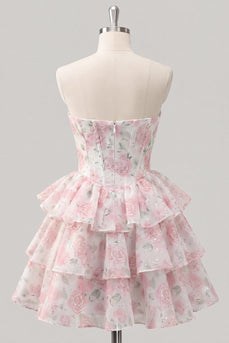 Sweetheart Gestuftes A-Linie Rosa Blumen Korsett Kurzes Abendkleid