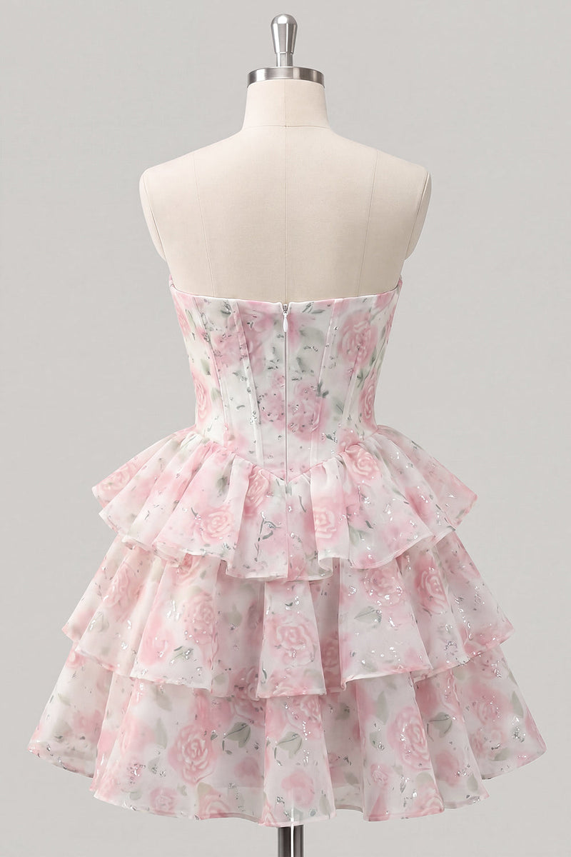 Laden Sie das Bild in den Galerie-Viewer, Sweetheart gestuftes A-Linien-Rosa Blumenkorsett Kurzes Homecoming-Kleid
