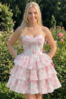Laden Sie das Bild in den Galerie-Viewer, Sweetheart gestuftes A-Linien-Rosa Blumenkorsett Kurzes Homecoming-Kleid