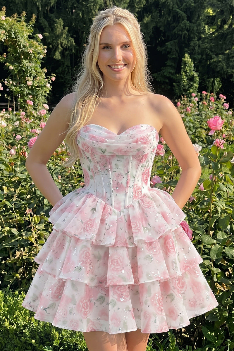 Laden Sie das Bild in den Galerie-Viewer, Sweetheart gestuftes A-Linien-Rosa Blumenkorsett Kurzes Homecoming-Kleid