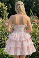 Laden Sie das Bild in den Galerie-Viewer, Sweetheart gestuftes A-Linien-Rosa Blumenkorsett Kurzes Homecoming-Kleid