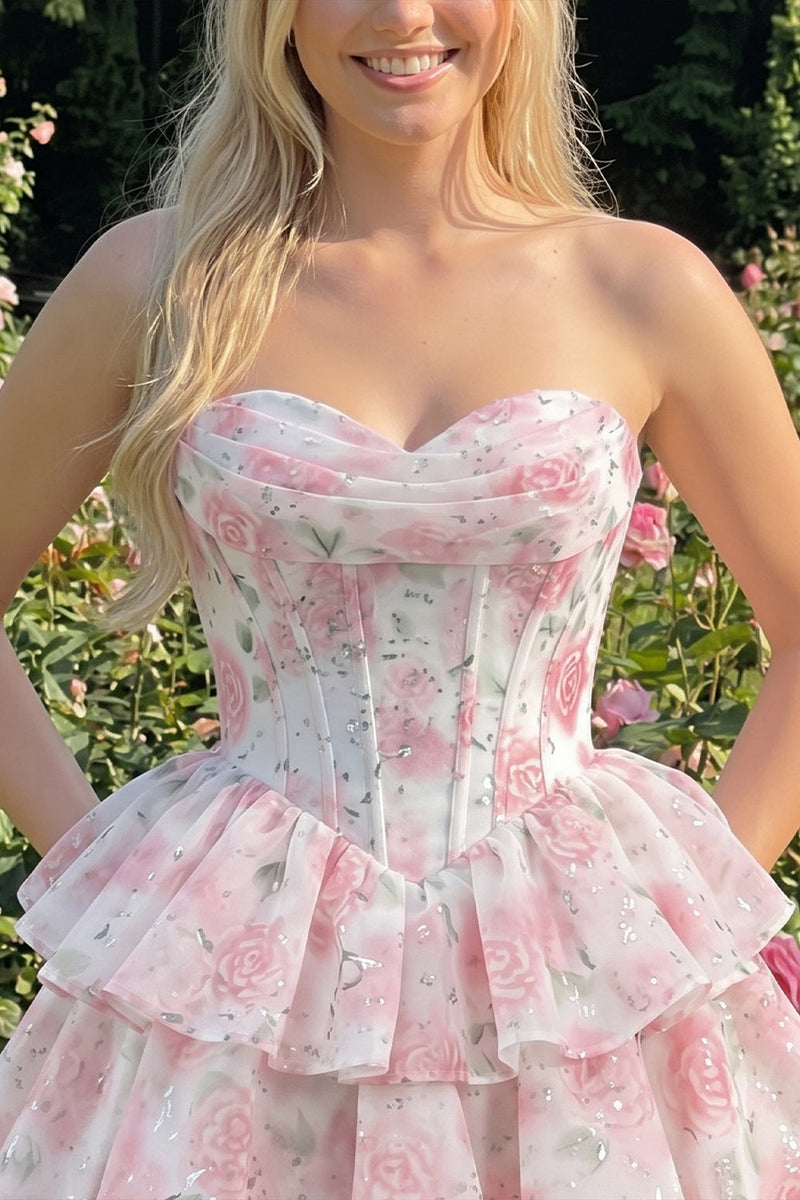 Laden Sie das Bild in den Galerie-Viewer, Sweetheart gestuftes A-Linien-Rosa Blumenkorsett Kurzes Homecoming-Kleid