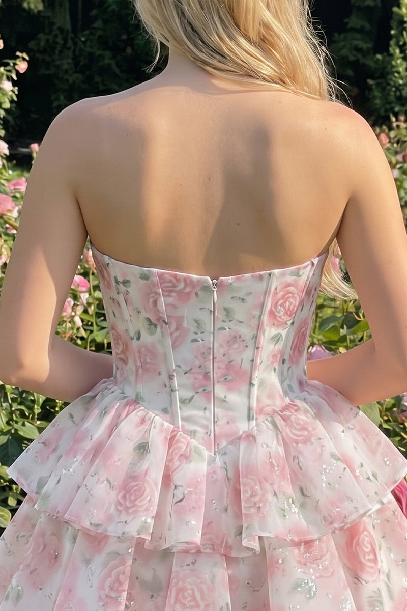 Laden Sie das Bild in den Galerie-Viewer, Sweetheart gestuftes A-Linien-Rosa Blumenkorsett Kurzes Homecoming-Kleid