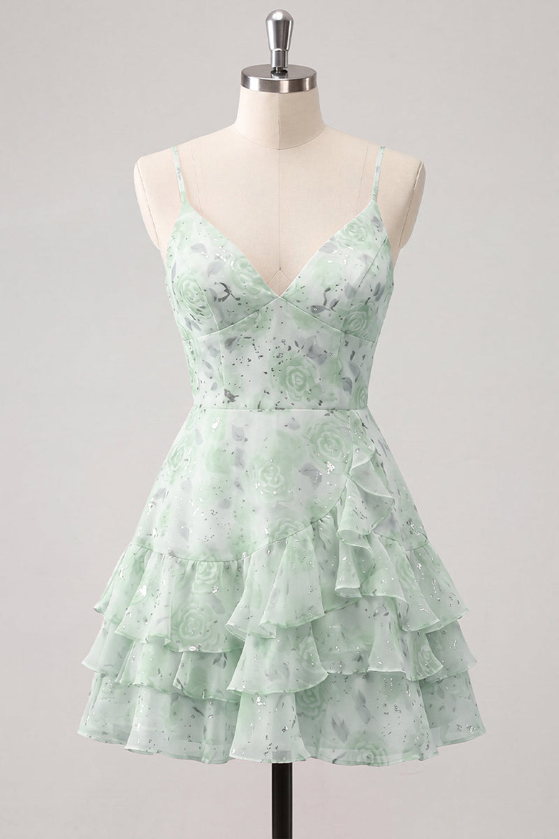 Laden Sie das Bild in den Galerie-Viewer, Rosa gestuftes A-Linien-Blumen-Spaghetti-Trägerkleid mit Homecoming-Kleid mit Rüschen
