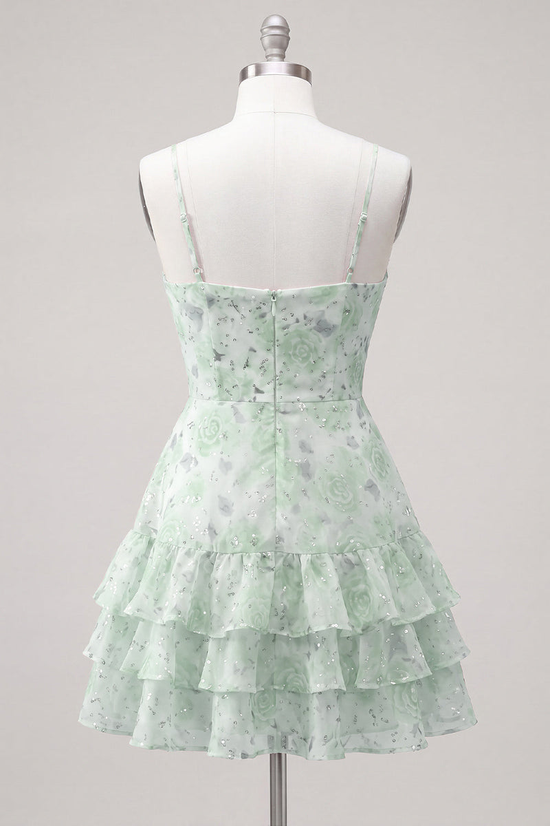 Laden Sie das Bild in den Galerie-Viewer, Rosa gestuftes A-Linien-Blumen-Spaghetti-Trägerkleid mit Homecoming-Kleid mit Rüschen