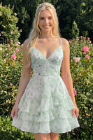 Laden Sie das Bild in den Galerie-Viewer, Rosa gestuftes A-Linien-Blumen-Spaghetti-Trägerkleid mit Homecoming-Kleid mit Rüschen