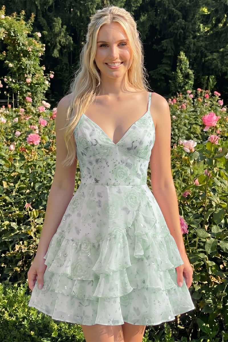 Laden Sie das Bild in den Galerie-Viewer, Rosa gestuftes A-Linien-Blumen-Spaghetti-Trägerkleid mit Homecoming-Kleid mit Rüschen