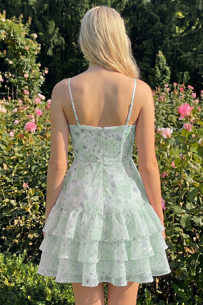 Laden Sie das Bild in den Galerie-Viewer, Rosa gestuftes A-Linien-Blumen-Spaghetti-Trägerkleid mit Homecoming-Kleid mit Rüschen