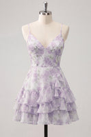 Laden Sie das Bild in den Galerie-Viewer, Rosa gestuftes A-Linien-Blumen-Spaghetti-Trägerkleid mit Homecoming-Kleid mit Rüschen