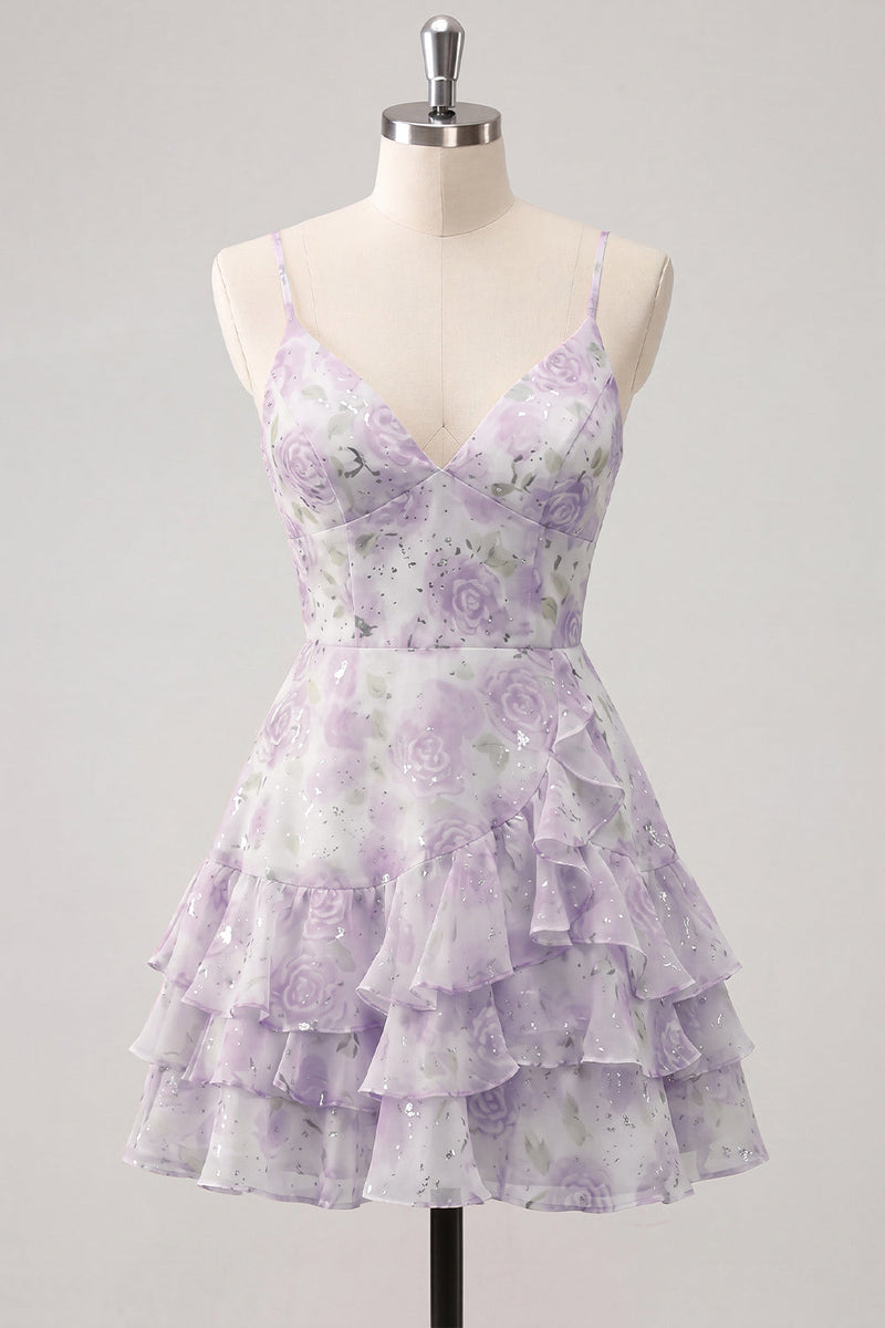 Laden Sie das Bild in den Galerie-Viewer, Rosa gestuftes A-Linien-Blumen-Spaghetti-Trägerkleid mit Homecoming-Kleid mit Rüschen