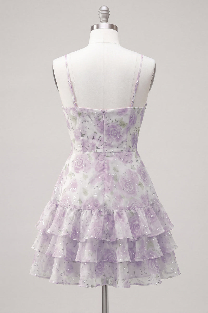 Laden Sie das Bild in den Galerie-Viewer, Rosa gestuftes A-Linien-Blumen-Spaghetti-Trägerkleid mit Homecoming-Kleid mit Rüschen