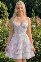Laden Sie das Bild in den Galerie-Viewer, Rosa gestuftes A-Linien-Blumen-Spaghetti-Trägerkleid mit Homecoming-Kleid mit Rüschen