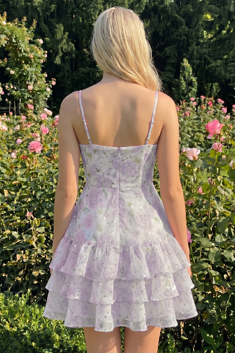 Laden Sie das Bild in den Galerie-Viewer, Rosa gestuftes A-Linien-Blumen-Spaghetti-Trägerkleid mit Homecoming-Kleid mit Rüschen