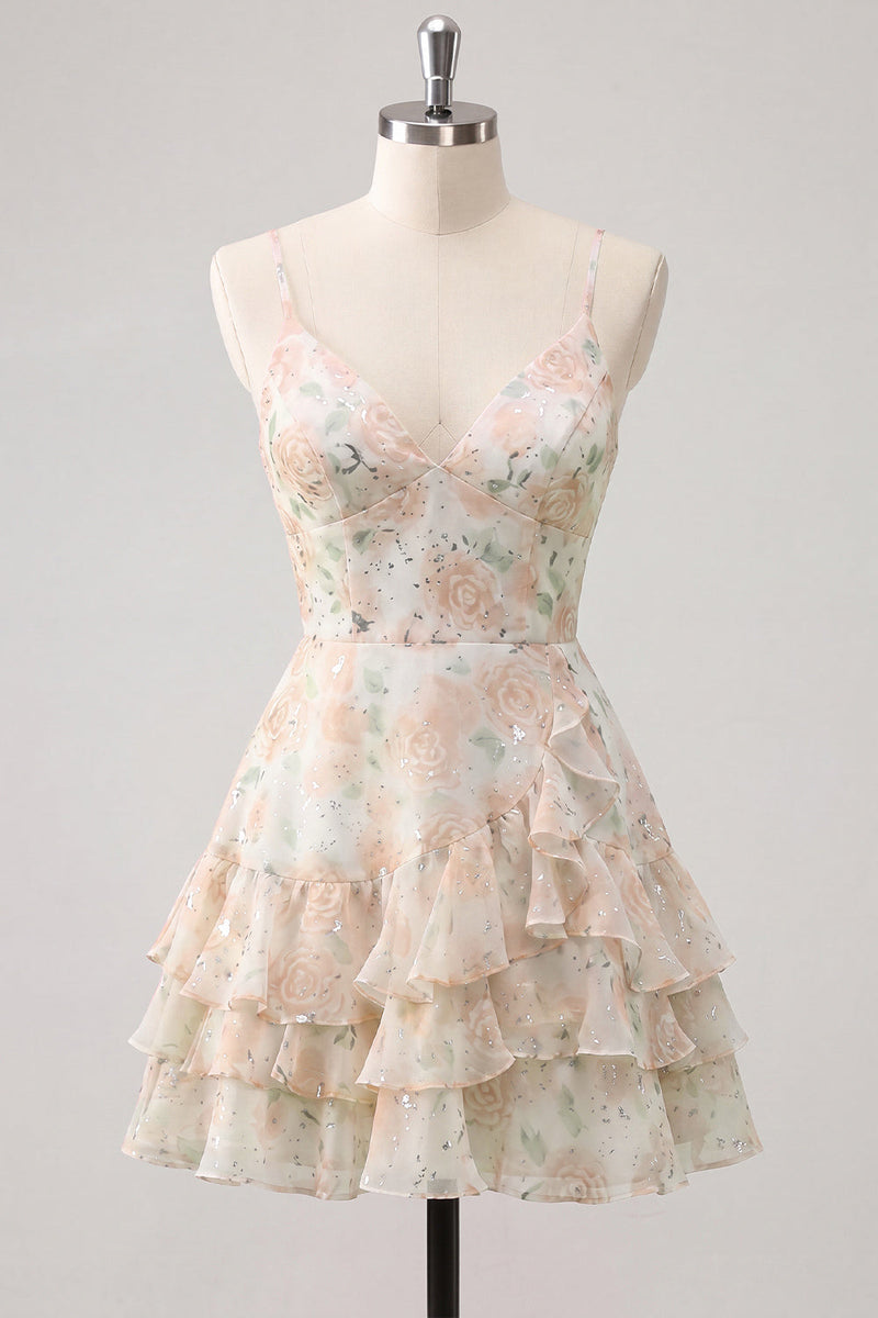 Laden Sie das Bild in den Galerie-Viewer, Rosa gestuftes A-Linien-Blumen-Spaghetti-Trägerkleid mit Homecoming-Kleid mit Rüschen