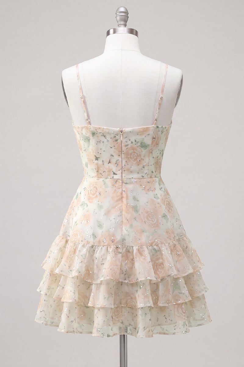 Laden Sie das Bild in den Galerie-Viewer, Rosa gestuftes A-Linien-Blumen-Spaghetti-Trägerkleid mit Homecoming-Kleid mit Rüschen
