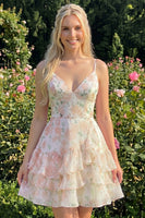 Laden Sie das Bild in den Galerie-Viewer, Rosa gestuftes A-Linien-Blumen-Spaghetti-Trägerkleid mit Homecoming-Kleid mit Rüschen