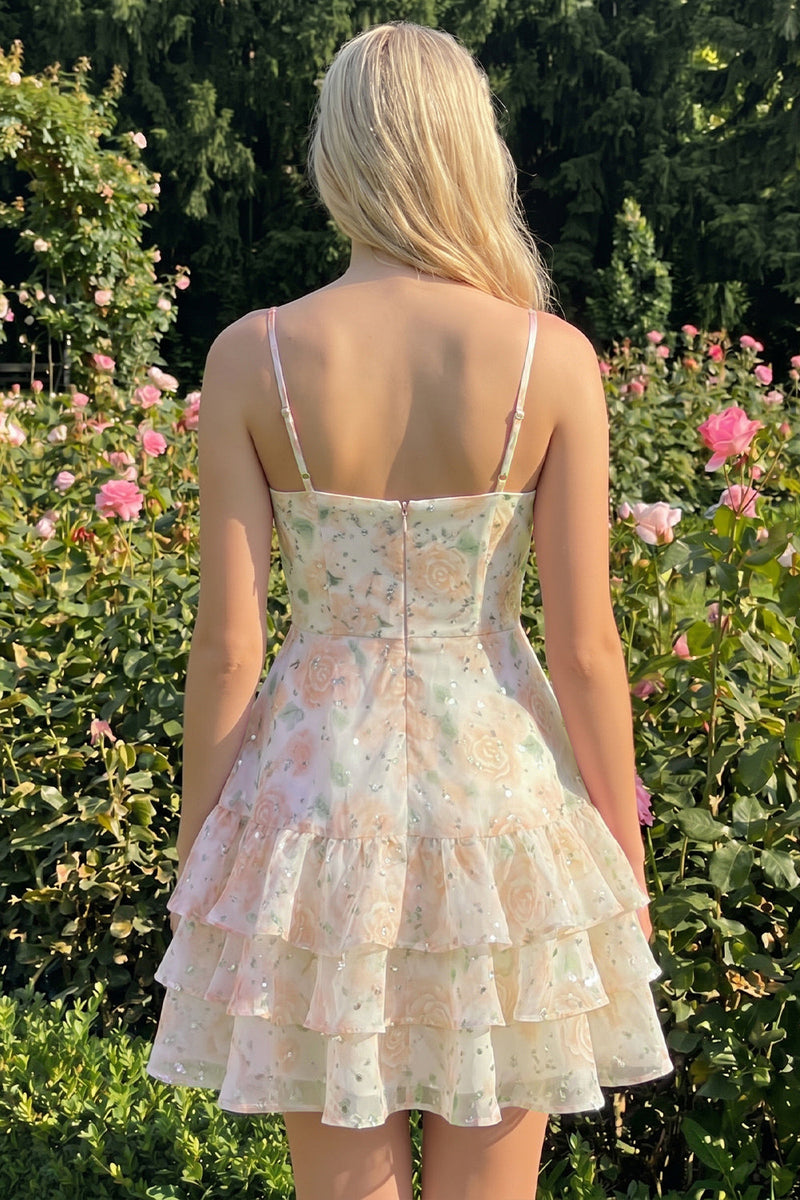 Laden Sie das Bild in den Galerie-Viewer, Rosa gestuftes A-Linien-Blumen-Spaghetti-Trägerkleid mit Homecoming-Kleid mit Rüschen