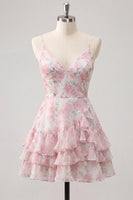 Laden Sie das Bild in den Galerie-Viewer, Rosa gestuftes A-Linien-Blumen-Spaghetti-Trägerkleid mit Homecoming-Kleid mit Rüschen