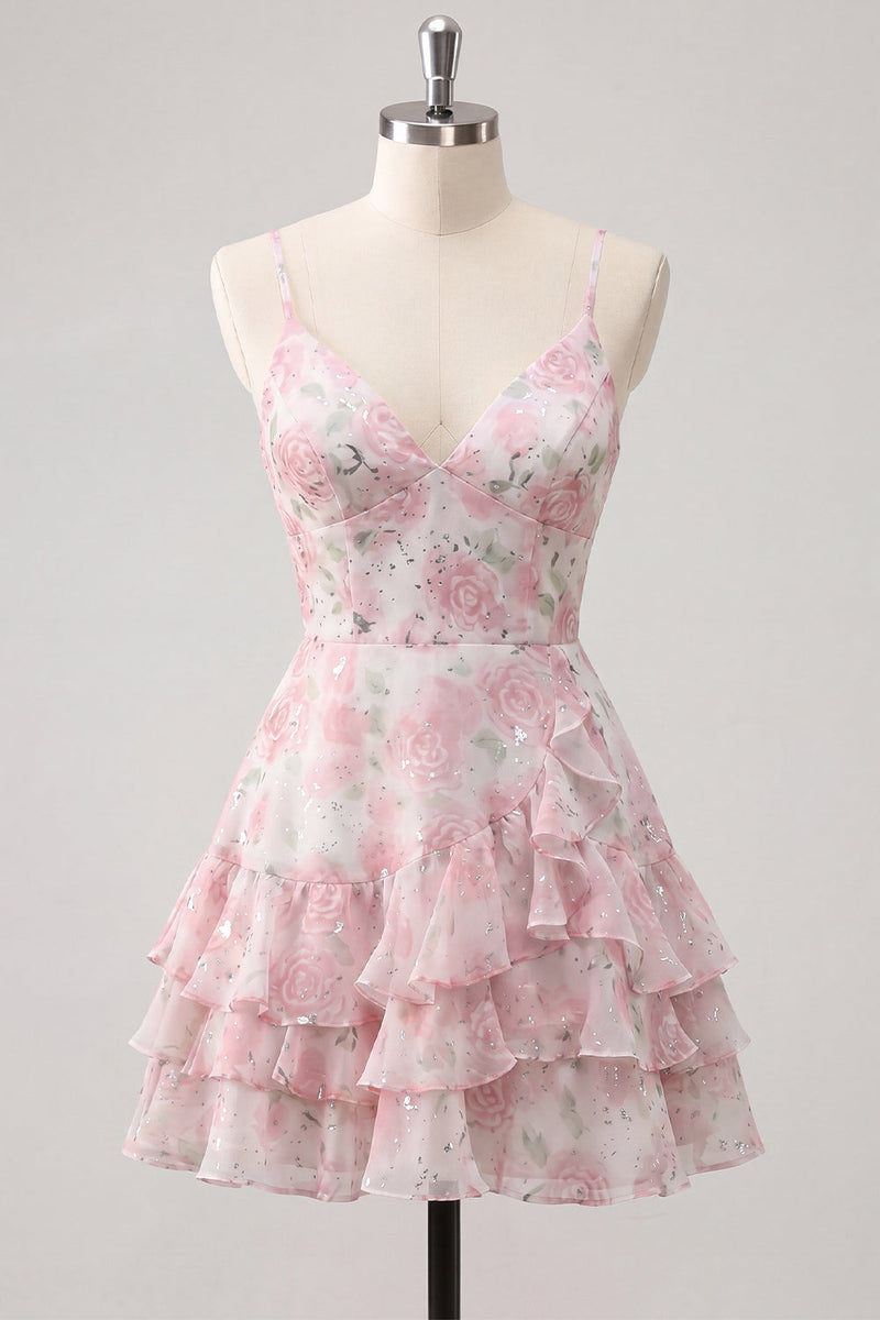 Laden Sie das Bild in den Galerie-Viewer, Rosa gestuftes A-Linien-Blumen-Spaghetti-Trägerkleid mit Homecoming-Kleid mit Rüschen