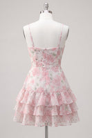 Laden Sie das Bild in den Galerie-Viewer, Rosa gestuftes A-Linien-Blumen-Spaghetti-Trägerkleid mit Homecoming-Kleid mit Rüschen