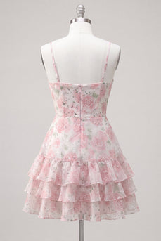 Rosa Gestuftes A-Linie Blumen Spaghetti-Träger Kurzes Abendkleid mit Rüschen