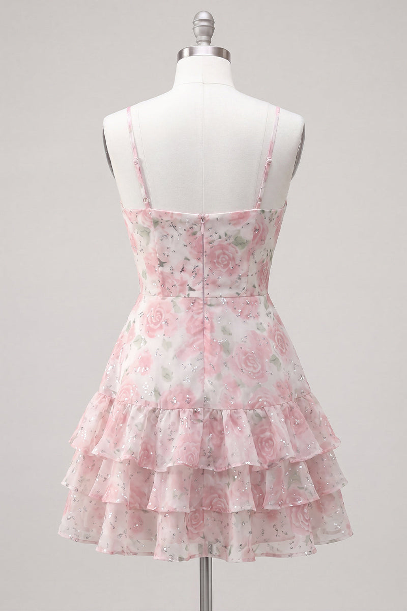 Laden Sie das Bild in den Galerie-Viewer, Rosa gestuftes A-Linien-Blumen-Spaghetti-Trägerkleid mit Homecoming-Kleid mit Rüschen