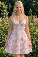Laden Sie das Bild in den Galerie-Viewer, Rosa gestuftes A-Linien-Blumen-Spaghetti-Trägerkleid mit Homecoming-Kleid mit Rüschen