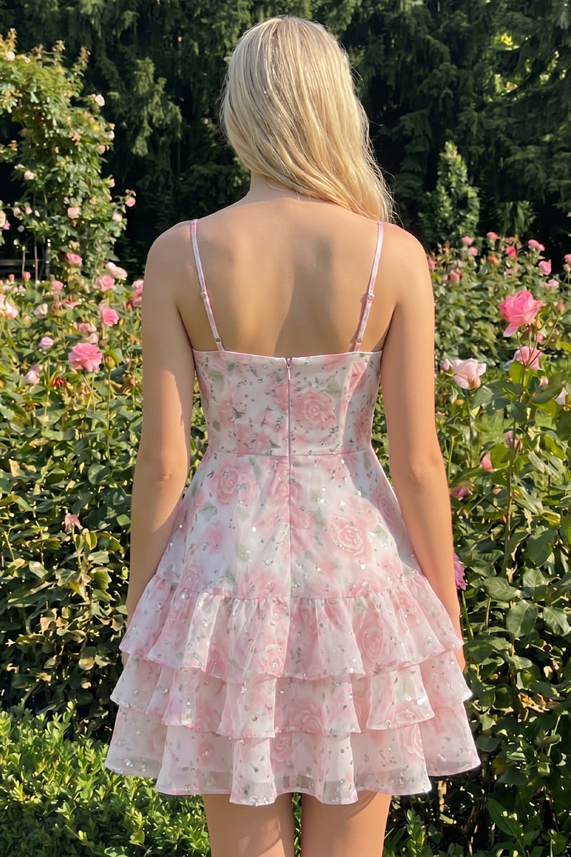 Laden Sie das Bild in den Galerie-Viewer, Rosa gestuftes A-Linien-Blumen-Spaghetti-Trägerkleid mit Homecoming-Kleid mit Rüschen