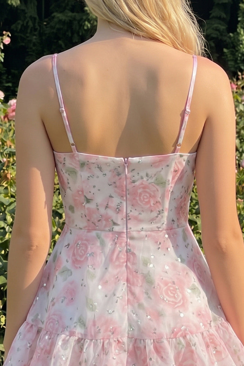 Laden Sie das Bild in den Galerie-Viewer, Rosa gestuftes A-Linien-Blumen-Spaghetti-Trägerkleid mit Homecoming-Kleid mit Rüschen