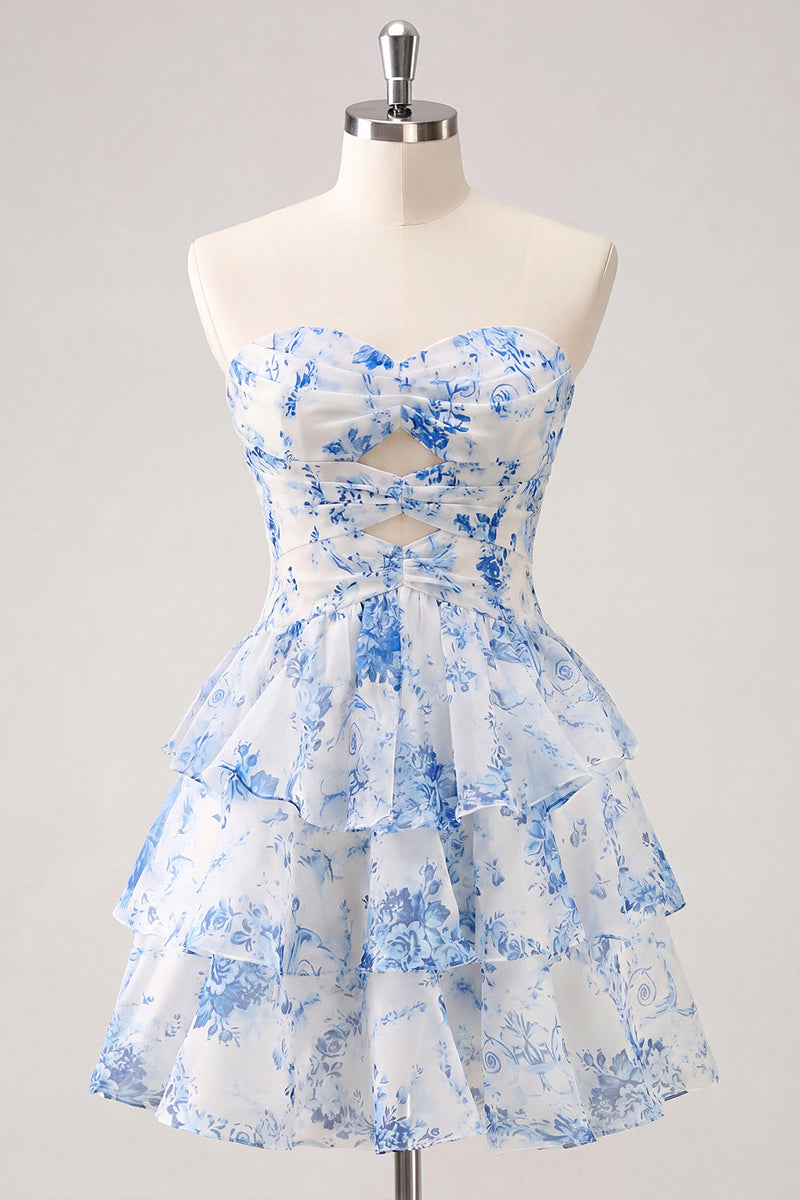 Laden Sie das Bild in den Galerie-Viewer, Hellblaues, Sweetheart Keyhole, gestuftes, florales Chiffon-Homecoming-Kleid