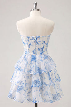 Hellblaues Sweetheart Keyhole Gestuftes Florales Chiffon Kurzes Abendkleid