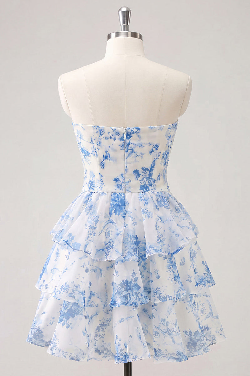 Laden Sie das Bild in den Galerie-Viewer, Hellblaues, Sweetheart Keyhole, gestuftes, florales Chiffon-Homecoming-Kleid