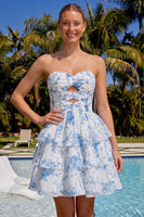 Laden Sie das Bild in den Galerie-Viewer, Hellblaues, Sweetheart Keyhole, gestuftes, florales Chiffon-Homecoming-Kleid