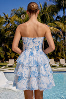Laden Sie das Bild in den Galerie-Viewer, Hellblaues, Sweetheart Keyhole, gestuftes, florales Chiffon-Homecoming-Kleid
