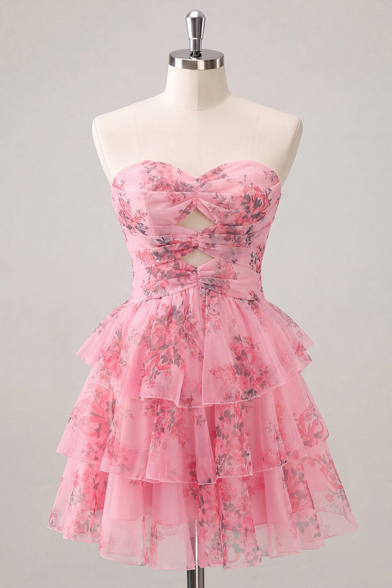 Laden Sie das Bild in den Galerie-Viewer, Hellblaues, Sweetheart Keyhole, gestuftes, florales Chiffon-Homecoming-Kleid