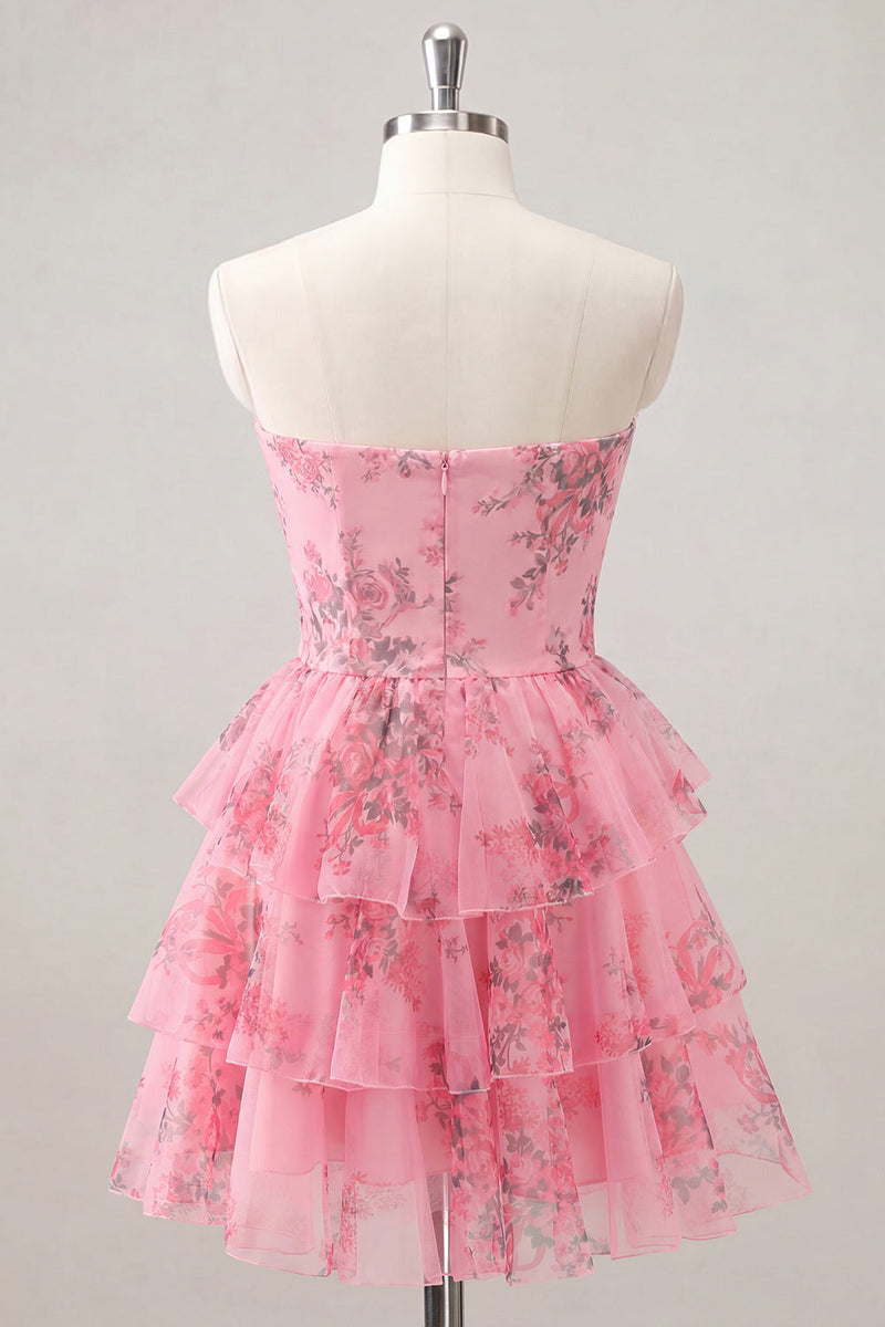 Laden Sie das Bild in den Galerie-Viewer, Hellblaues, Sweetheart Keyhole, gestuftes, florales Chiffon-Homecoming-Kleid