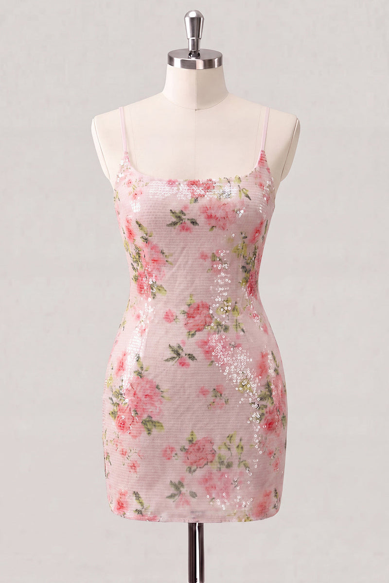 Laden Sie das Bild in den Galerie-Viewer, Glitzerndes weißes Bodycon Spaghetti-Träger mit Blumenpailletten – Homecoming-Kleid mit Schnürung auf dem Rücken
