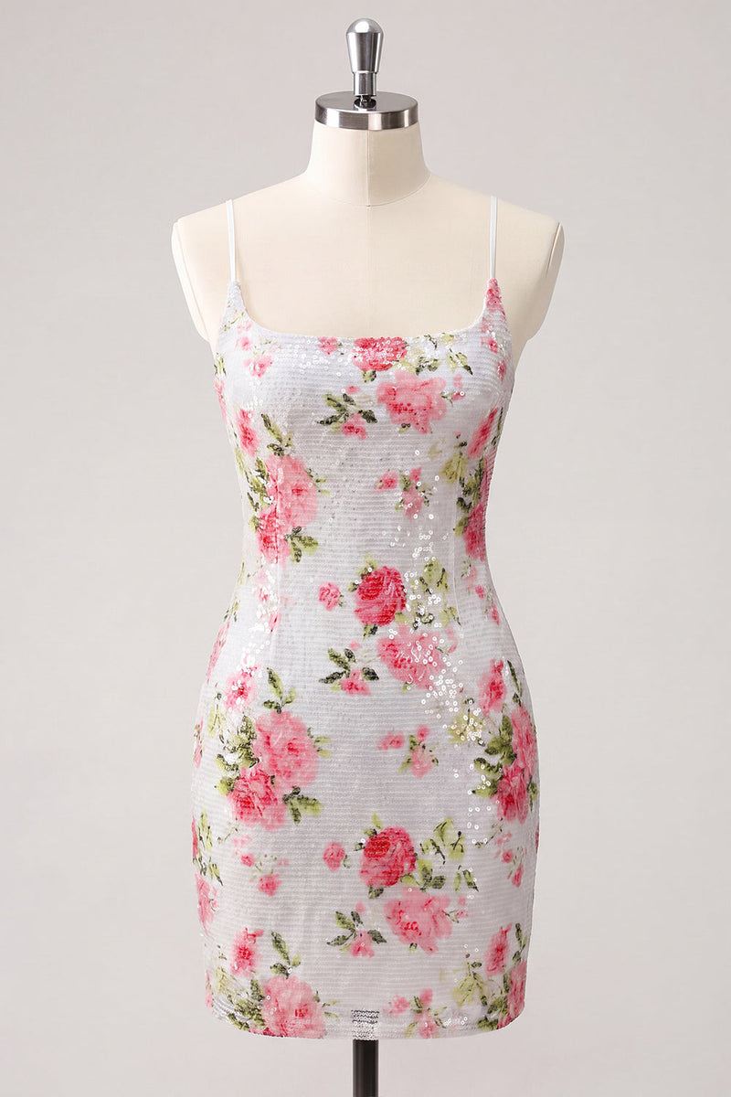 Laden Sie das Bild in den Galerie-Viewer, Glitzerndes weißes Bodycon Spaghetti-Träger mit Blumenpailletten – Homecoming-Kleid mit Schnürung auf dem Rücken