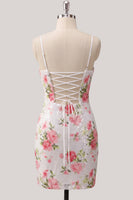 Laden Sie das Bild in den Galerie-Viewer, Glitzerndes weißes Bodycon Spaghetti-Träger mit Blumenpailletten – Homecoming-Kleid mit Schnürung auf dem Rücken