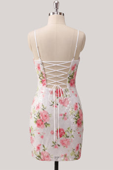 Glitzerndes Weißes Bodycon Spaghetti-Träger Blumen Pailletten Kurzes Abendkleid mit Schnürung