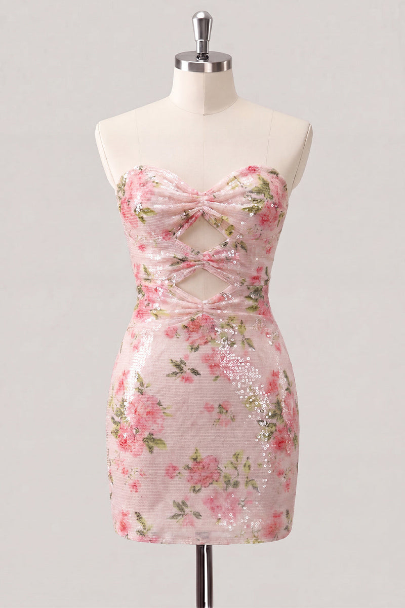 Laden Sie das Bild in den Galerie-Viewer, Glitzerndes Sweetheart weißes Keyhole-Bodycon-Blumenpailletten-Homecoming-Kleid mit Spitze auf dem Rücken
