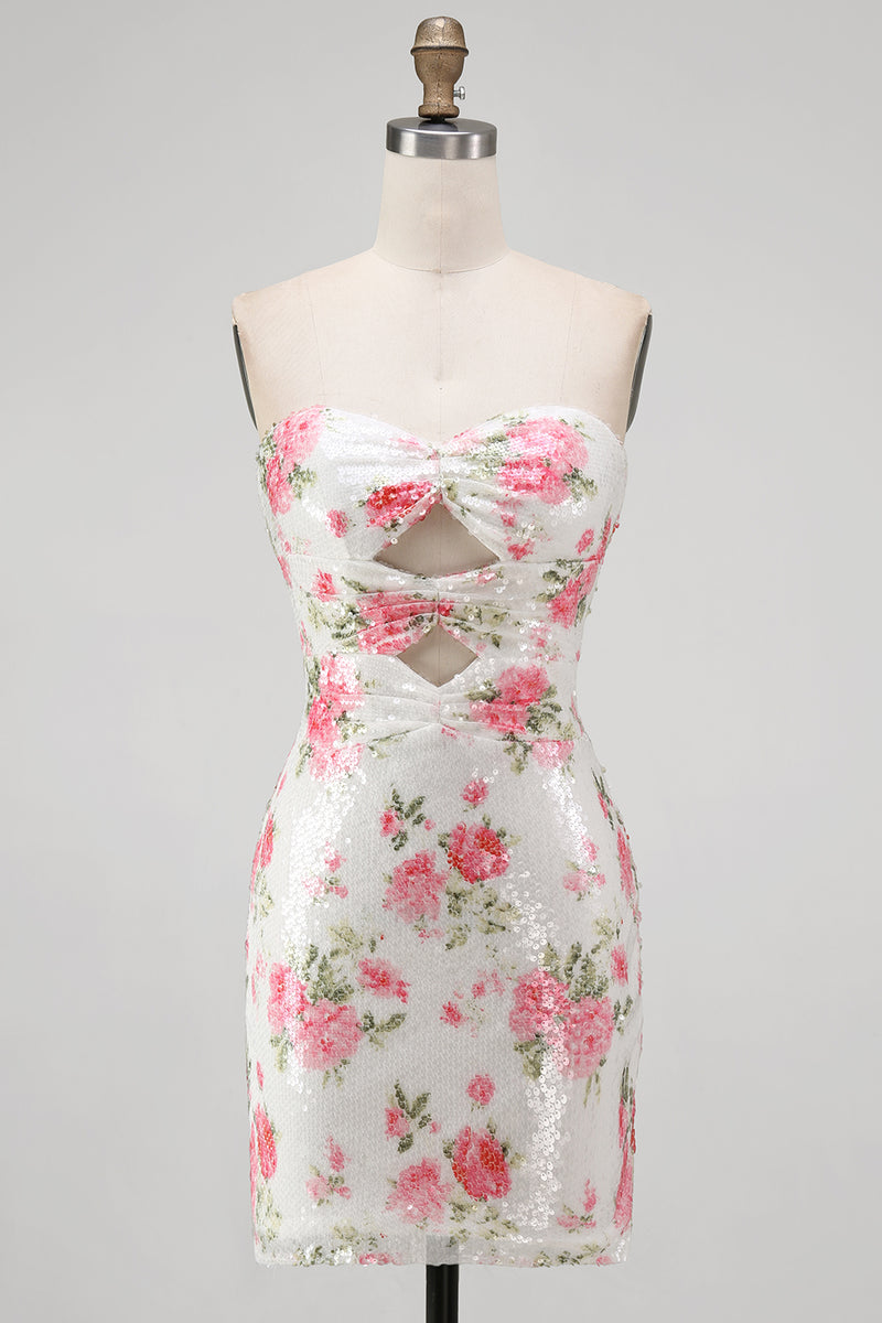 Laden Sie das Bild in den Galerie-Viewer, Glitzerndes Sweetheart Weißes Keyhole Bodycon Blumen Pailletten Kurzes Abendkleid mit Schnürung