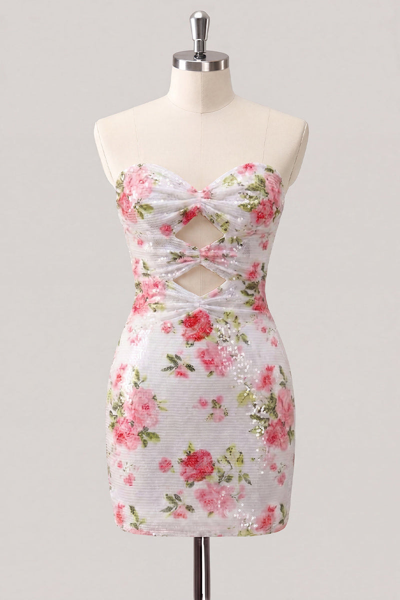 Laden Sie das Bild in den Galerie-Viewer, Glitzerndes Sweetheart weißes Keyhole-Bodycon-Blumenpailletten-Homecoming-Kleid mit Spitze auf dem Rücken