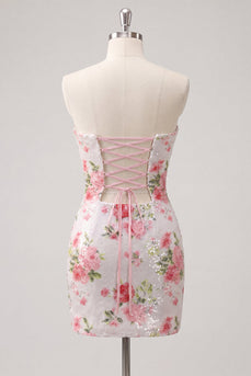 Glitzerndes Sweetheart Weißes Keyhole Bodycon Blumen Pailletten Kurzes Abendkleid mit Schnürung