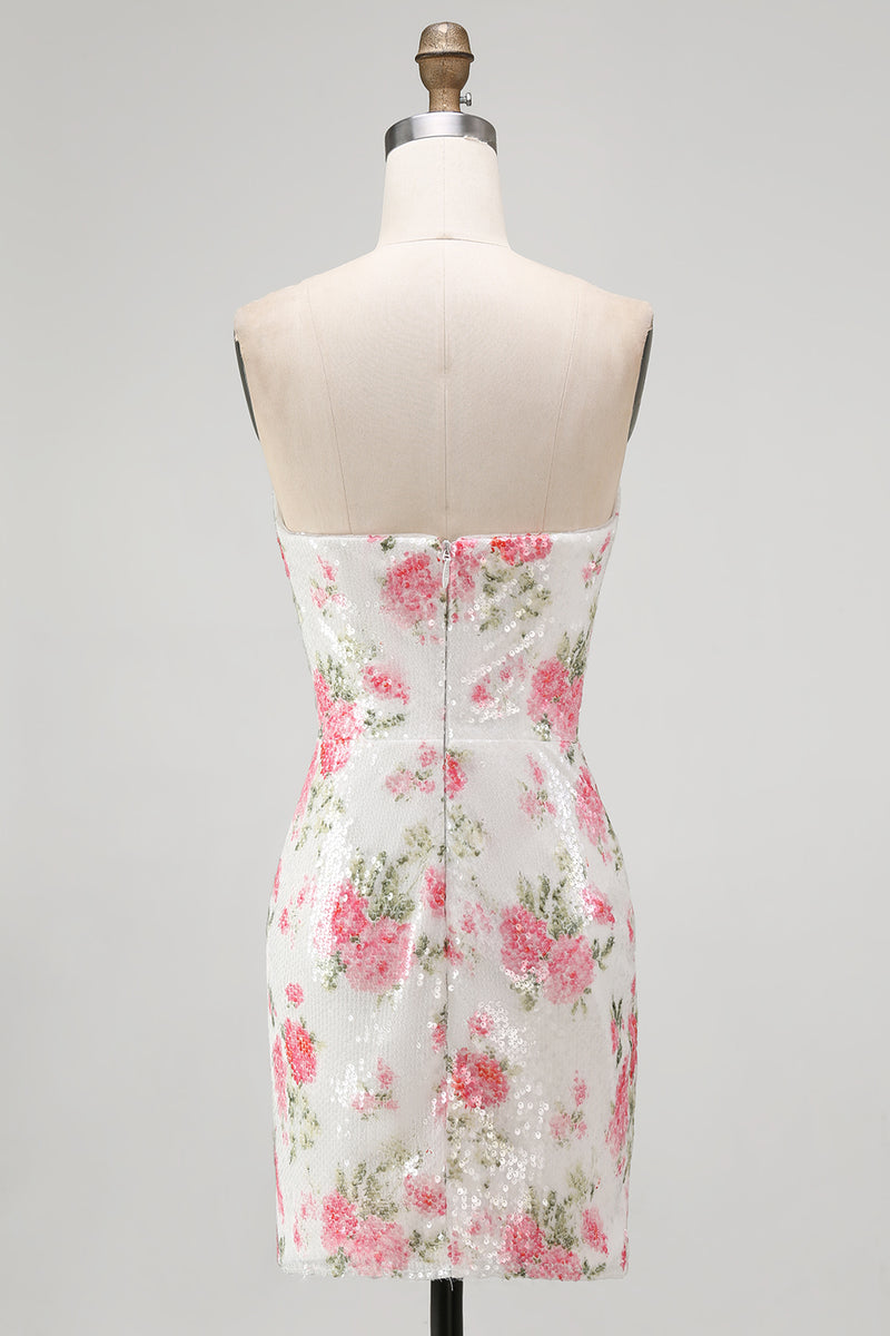 Laden Sie das Bild in den Galerie-Viewer, Glitzerndes Sweetheart Weißes Keyhole Bodycon Blumen Pailletten Kurzes Abendkleid mit Schnürung
